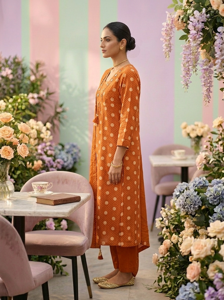 Neerus Orange cotton printed suit set - detail view 1