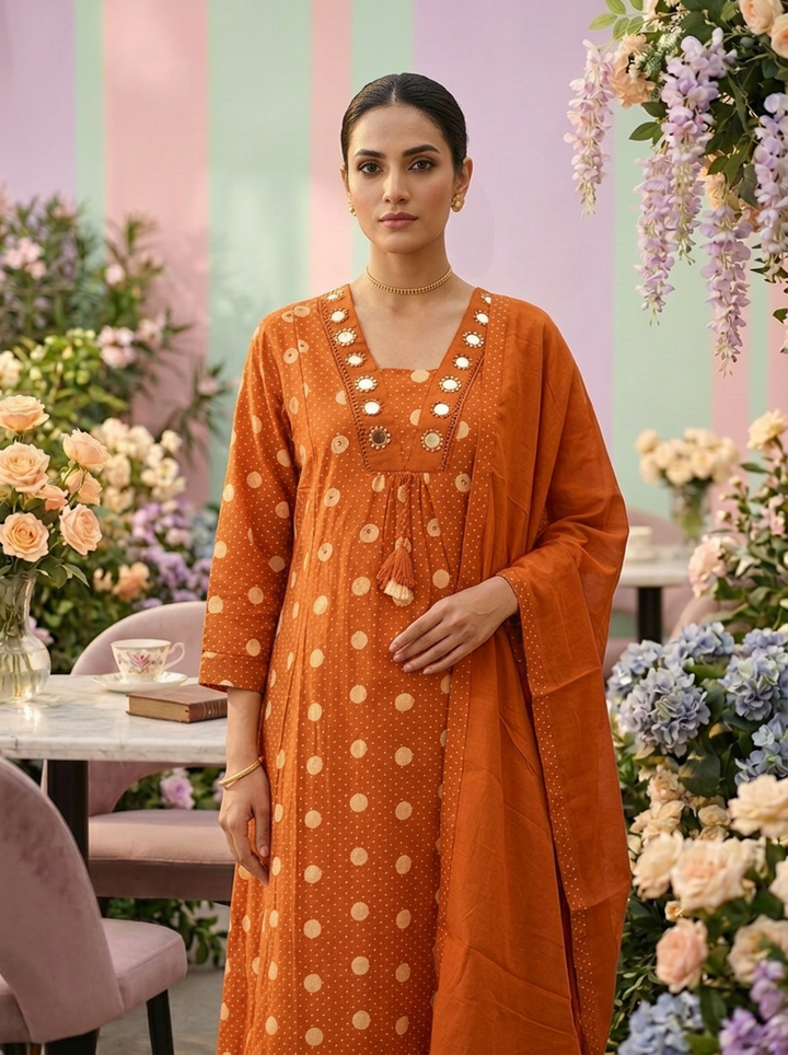 Neerus Orange cotton printed suit set - detail view 2