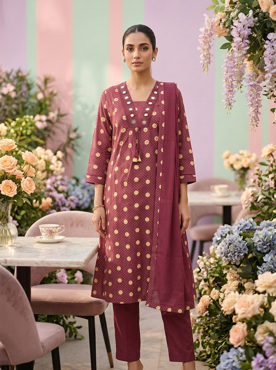 Neerus Pink cotton printed suit set - front view