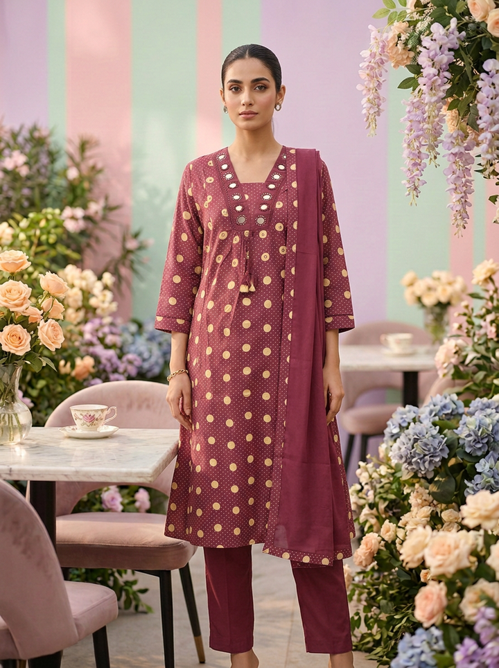 Neerus Pink cotton printed suit set - front view