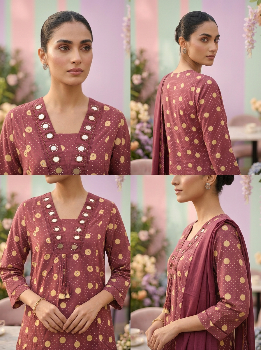 Neerus Pink cotton printed suit set - side view