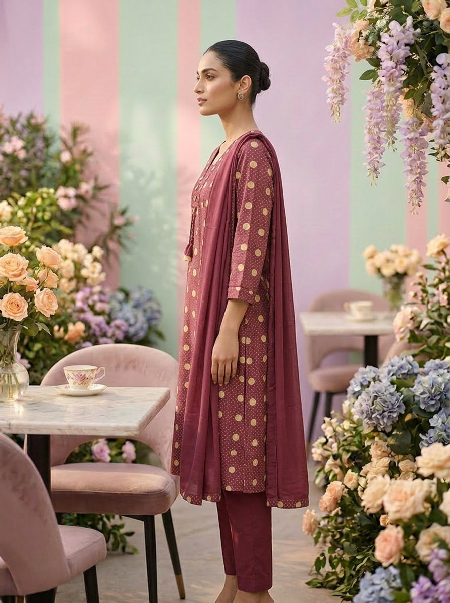 Neerus Pink cotton printed suit set - detail view 1