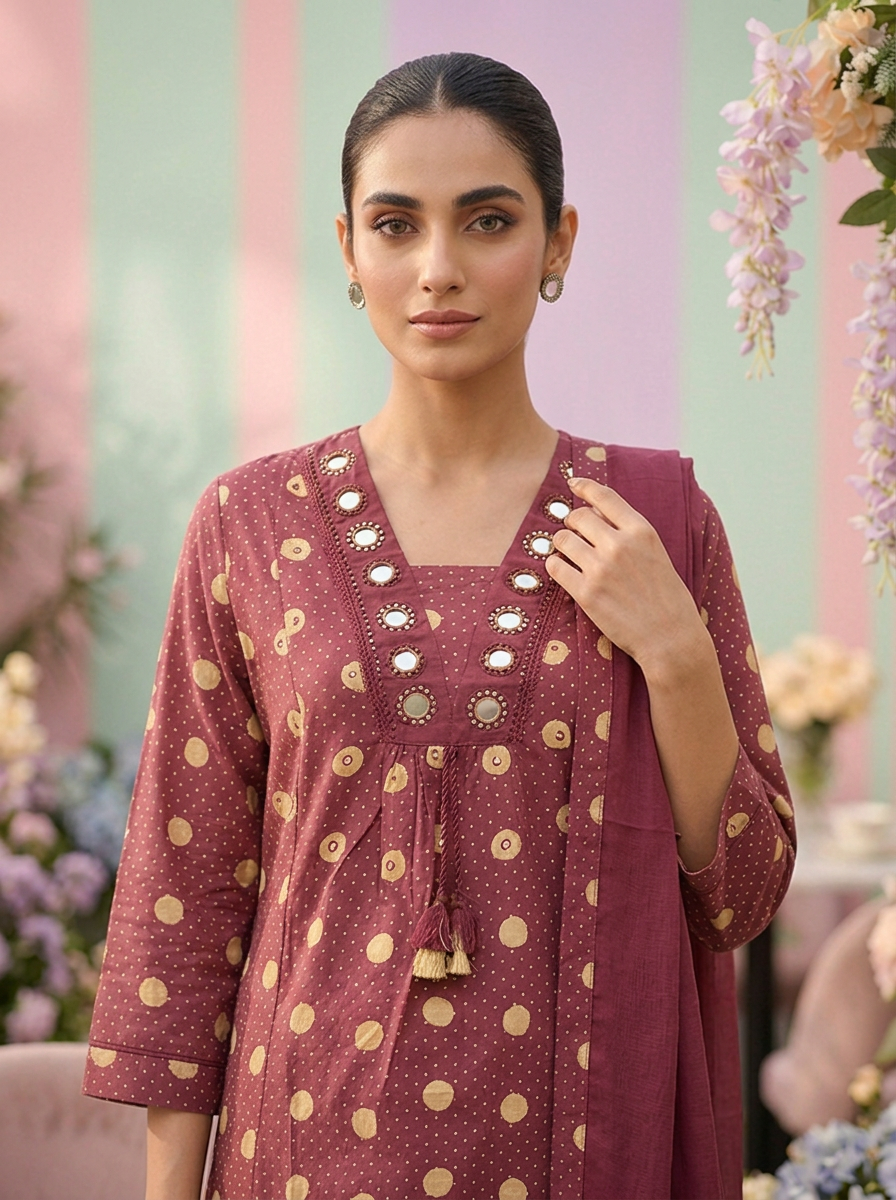 Neerus Pink cotton printed suit set - detail view 2