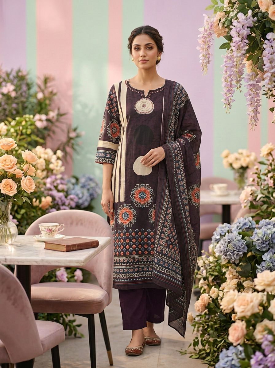 Neerus Purple cotton printed suit set - front view