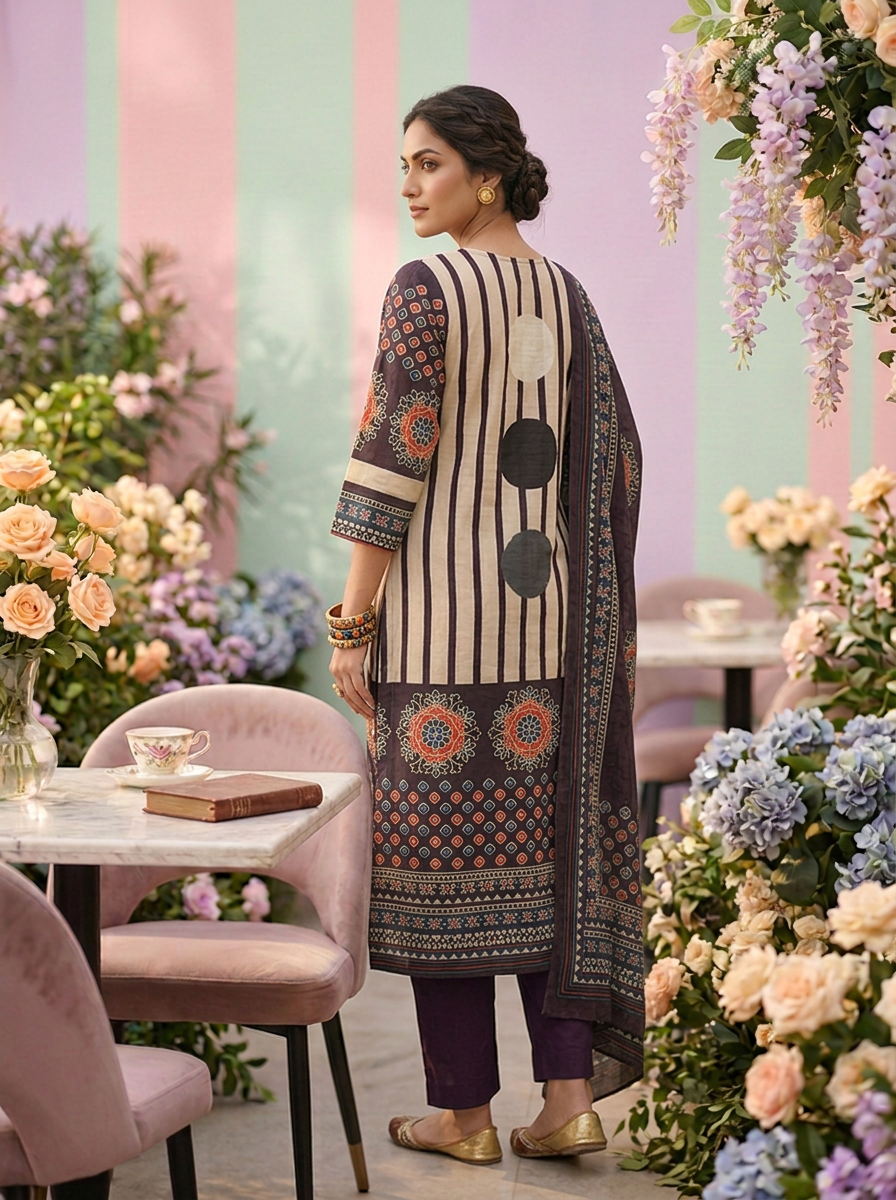 Neerus Purple cotton printed suit set - back view