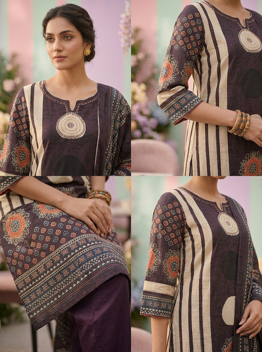 Neerus Purple cotton printed suit set - side view
