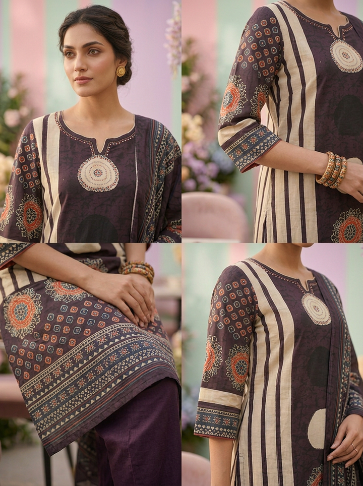 Neerus Purple cotton printed suit set - side view