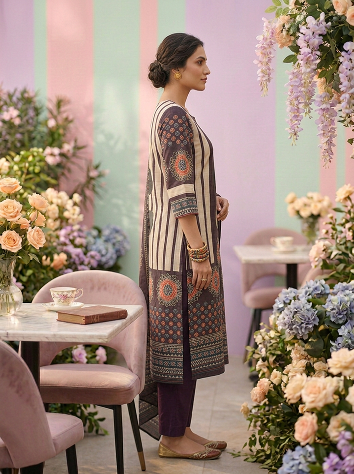 Neerus Purple cotton printed suit set - detail view 1