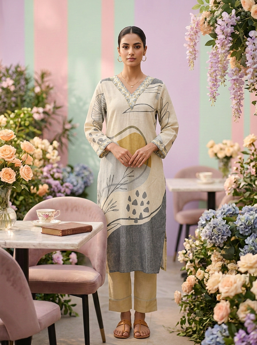 Neerus Beige linen printed suit set - front view