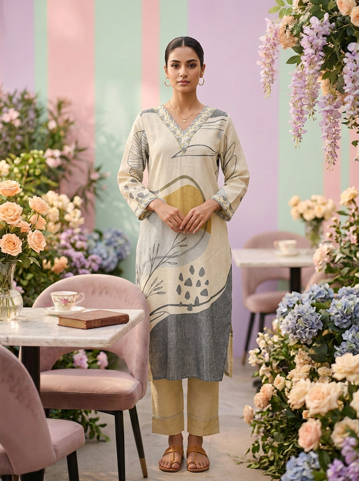 Neerus Beige linen printed suit set - front view