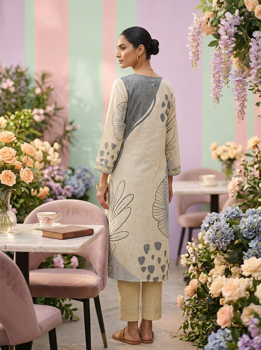 Neerus Beige linen printed suit set - back view