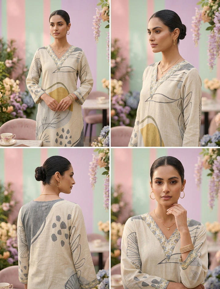 Neerus Beige linen printed suit set - side view