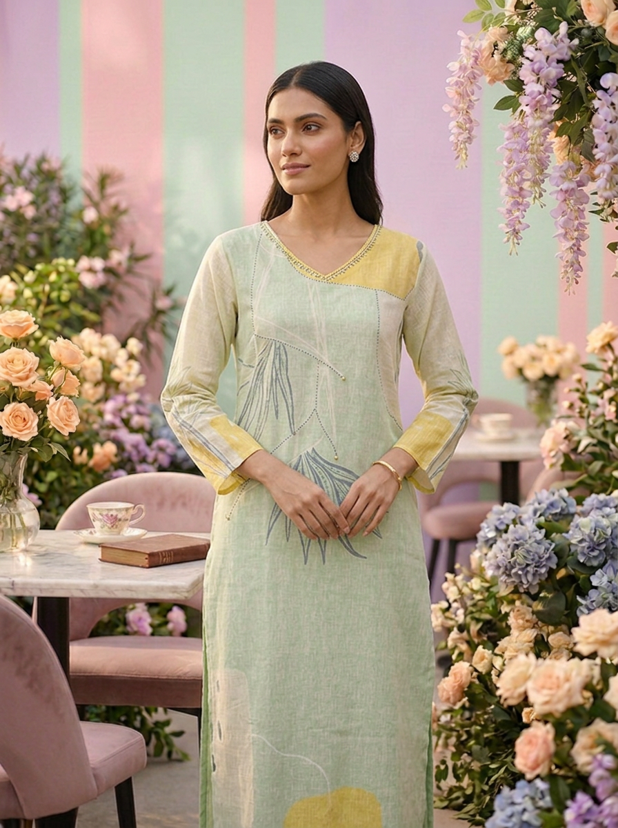 Neerus Green linen printed suit set - detail view 2