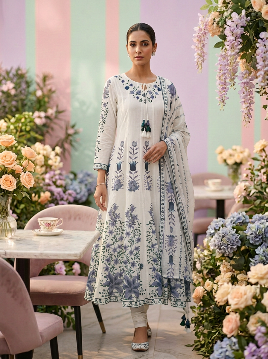 Neerus Green cotton printed suit set - front view