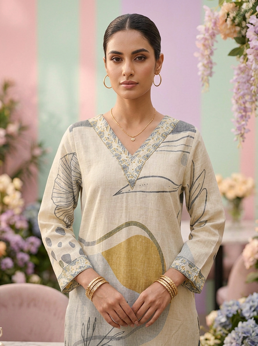 Neerus Beige linen printed suit set - detail view 1