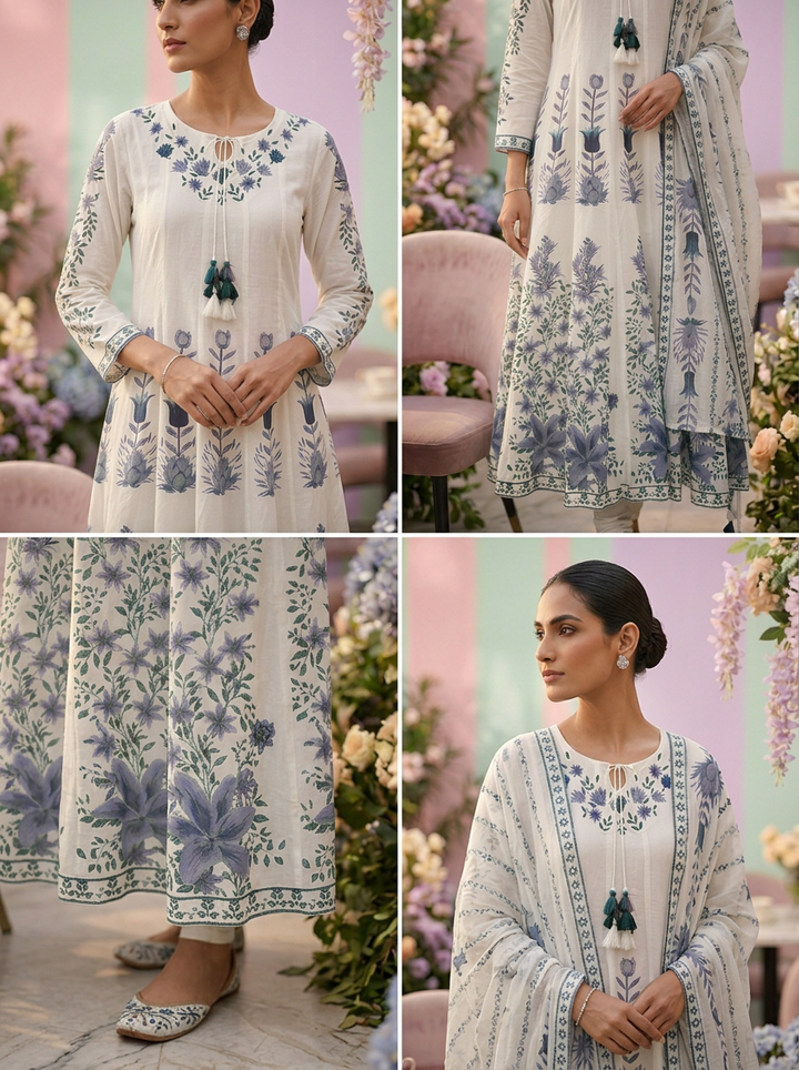 Neerus Green cotton printed suit set - detail view 2