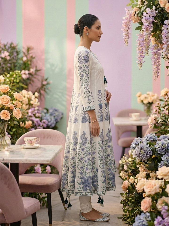 Neerus Green cotton printed suit set - back view