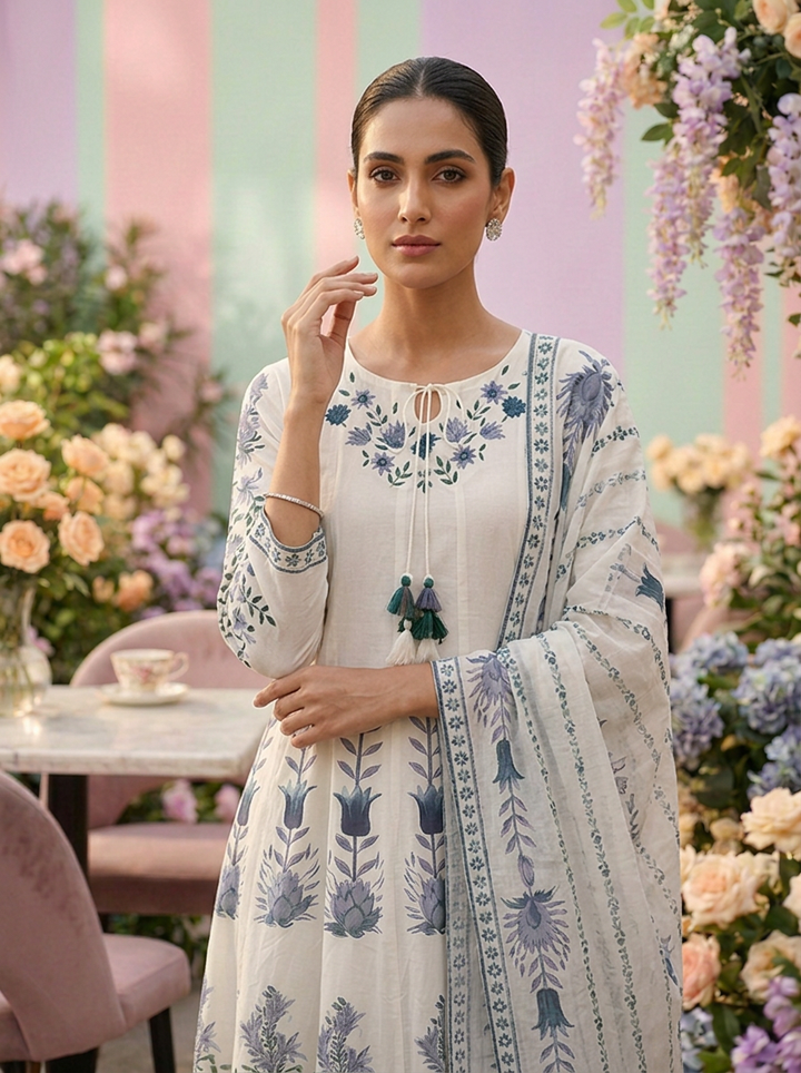 Neerus Green cotton printed suit set - detail view 1