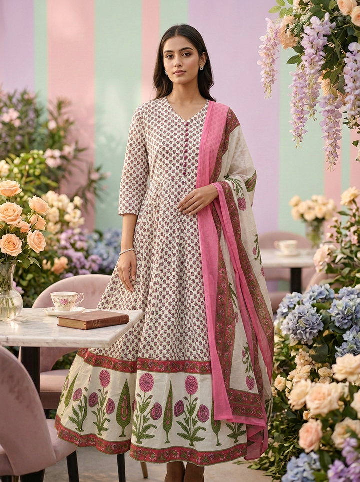 Neerus Pink cotton digital printed suit set - front view