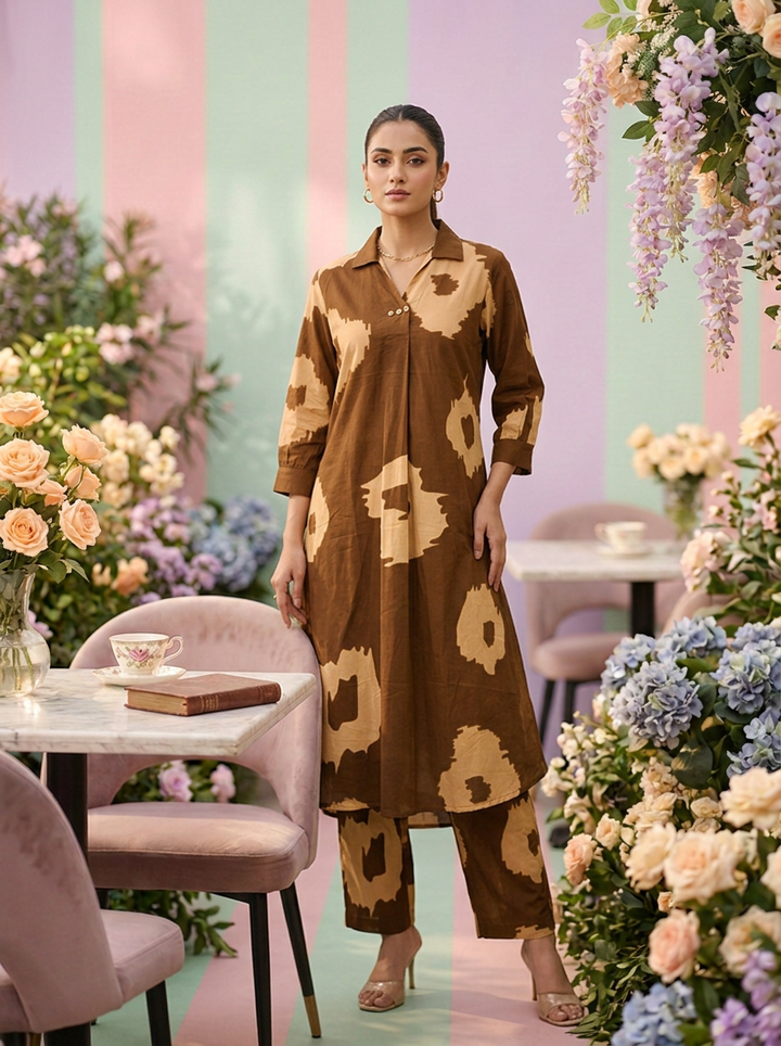 Neerus Brown cotton printed suit set - front view