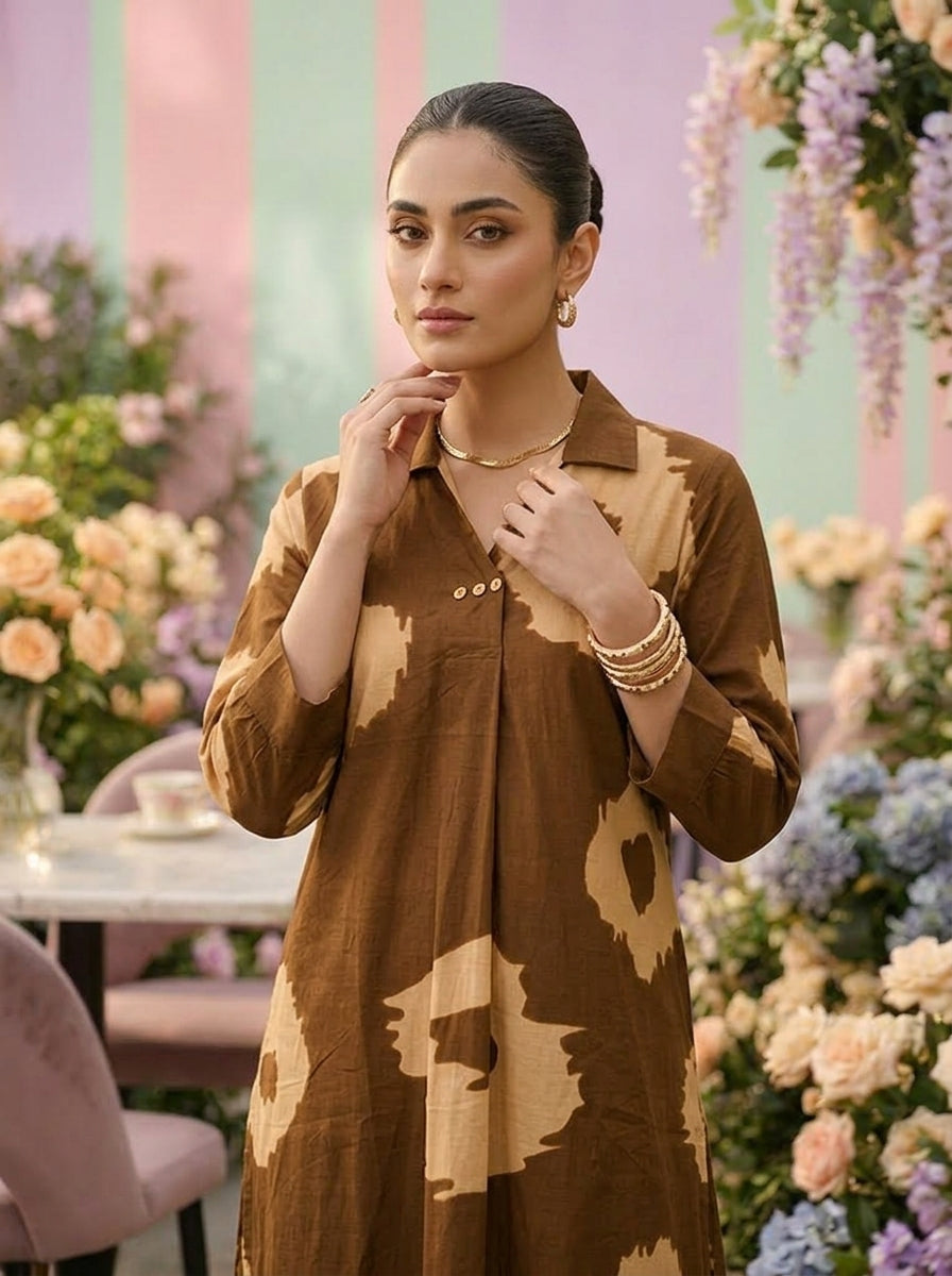 Neerus Brown cotton printed suit set - detail view 2