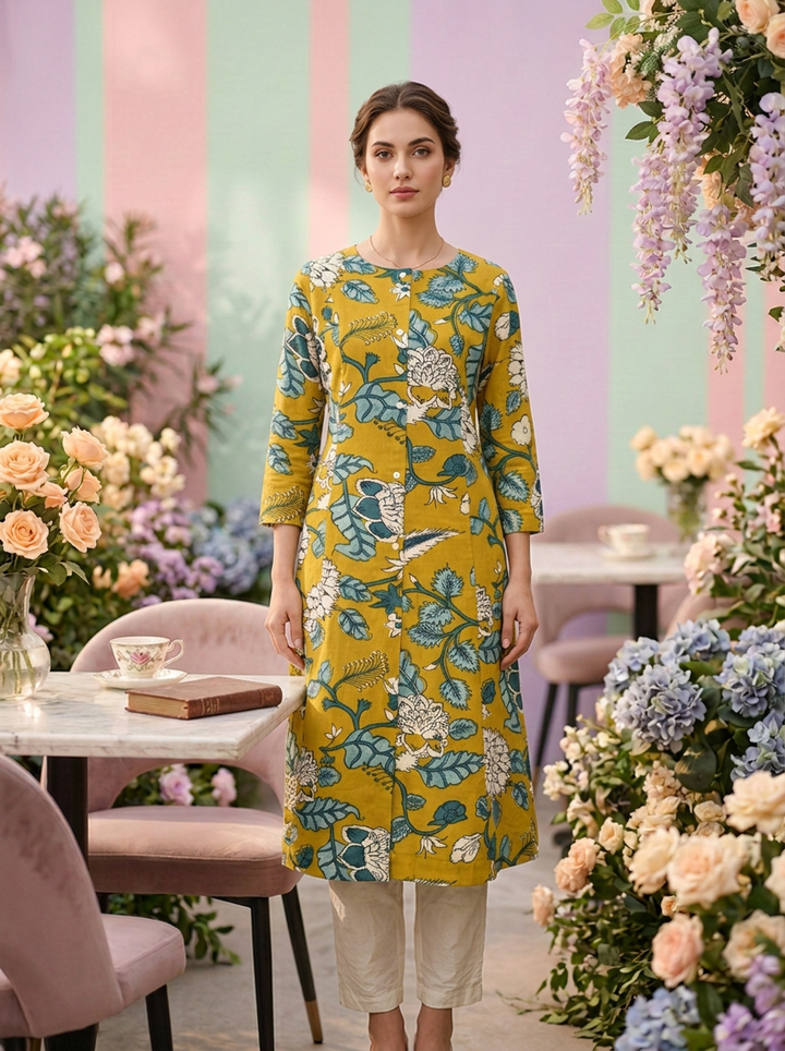 Neerus Yellow cotton printed suit set - front view