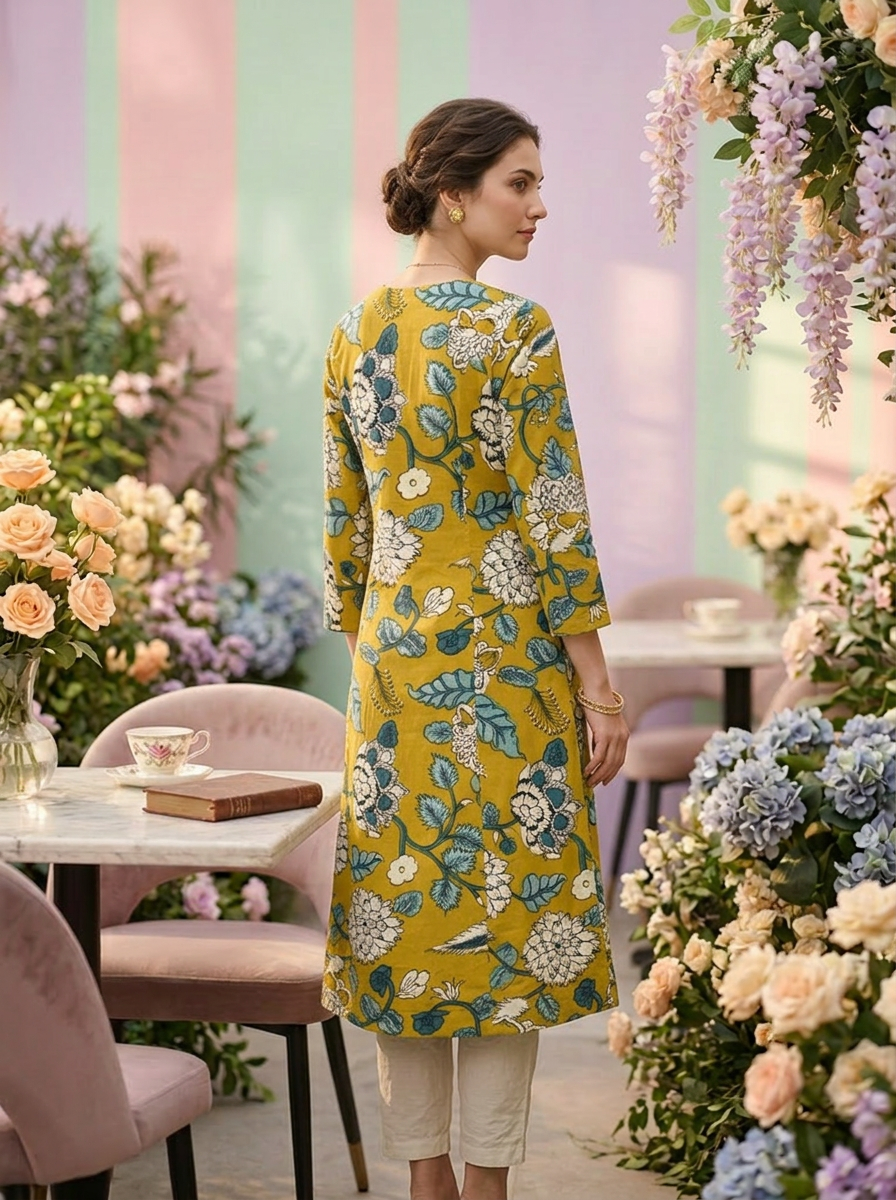 Neerus Yellow cotton printed suit set - back view