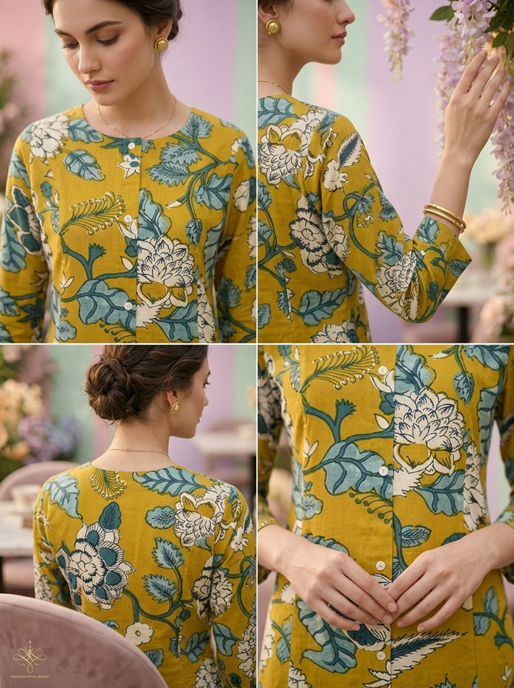 Neerus Yellow cotton printed suit set - side view