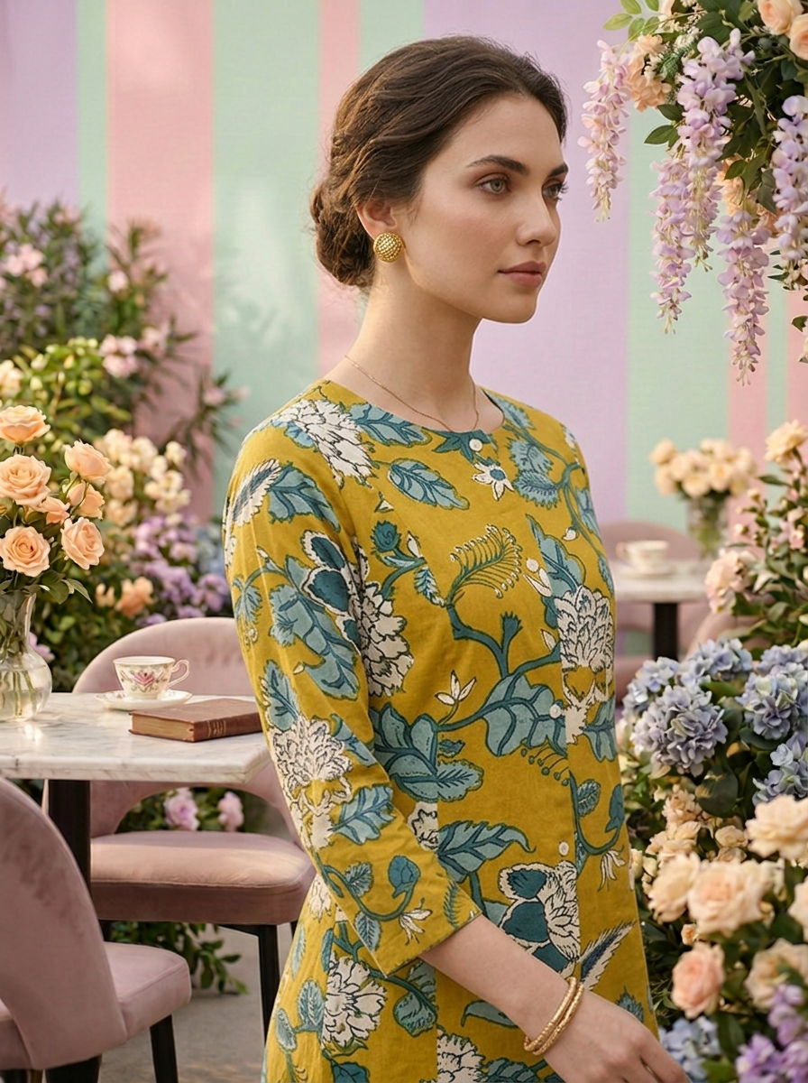 Neerus Yellow cotton printed suit set - detail view 2