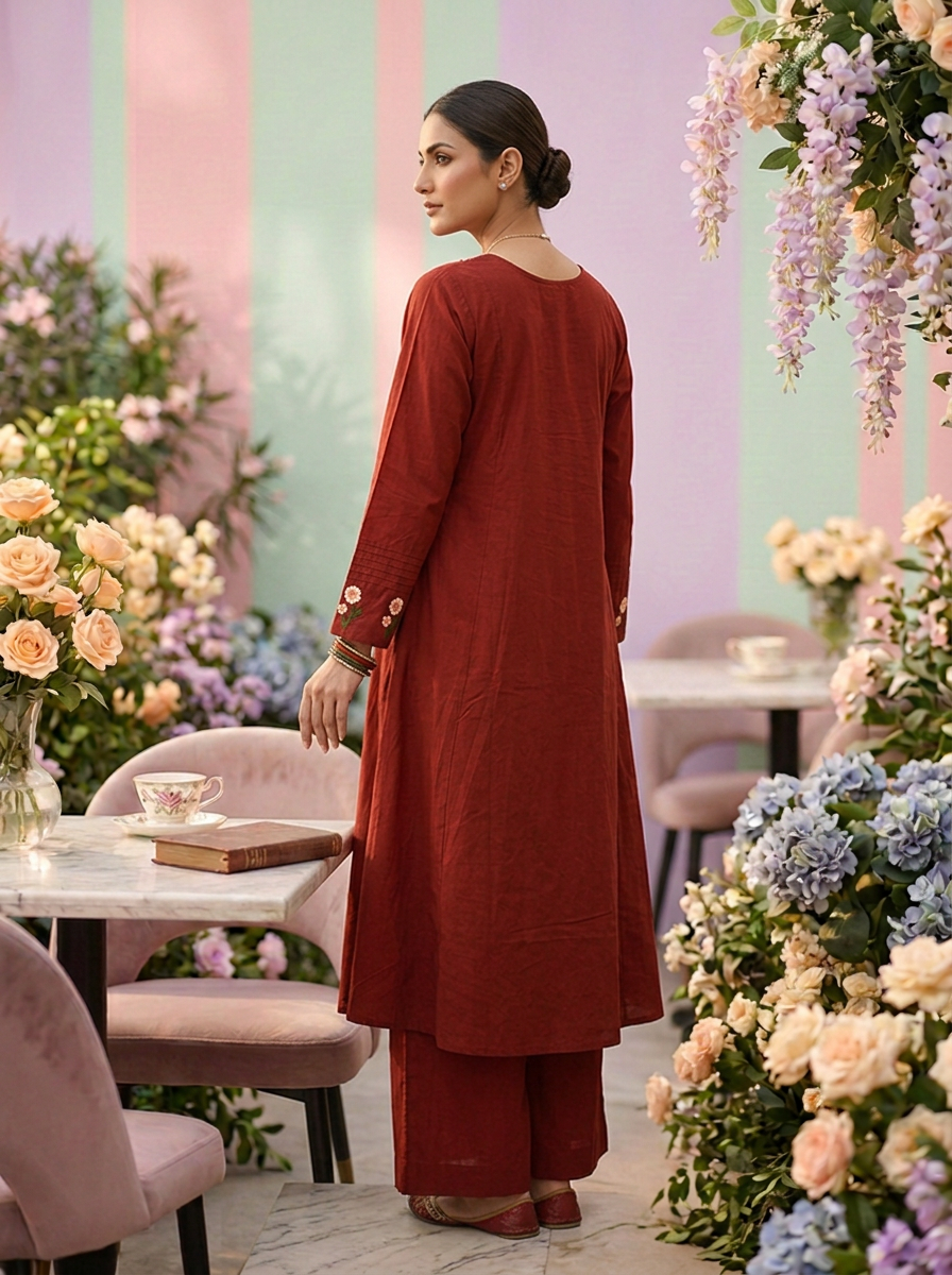 Neerus Maroon cotton printed co-ord set - back view