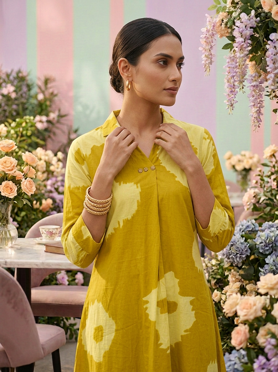 Neerus Green cotton printed suit set - detail view 2