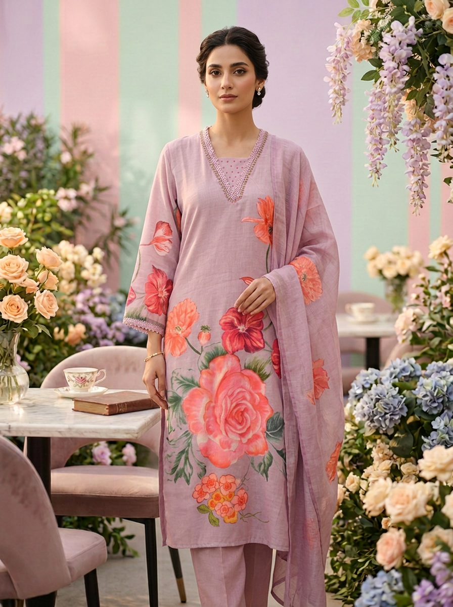 Neerus Purple Rayon Printed Suit Set - front view