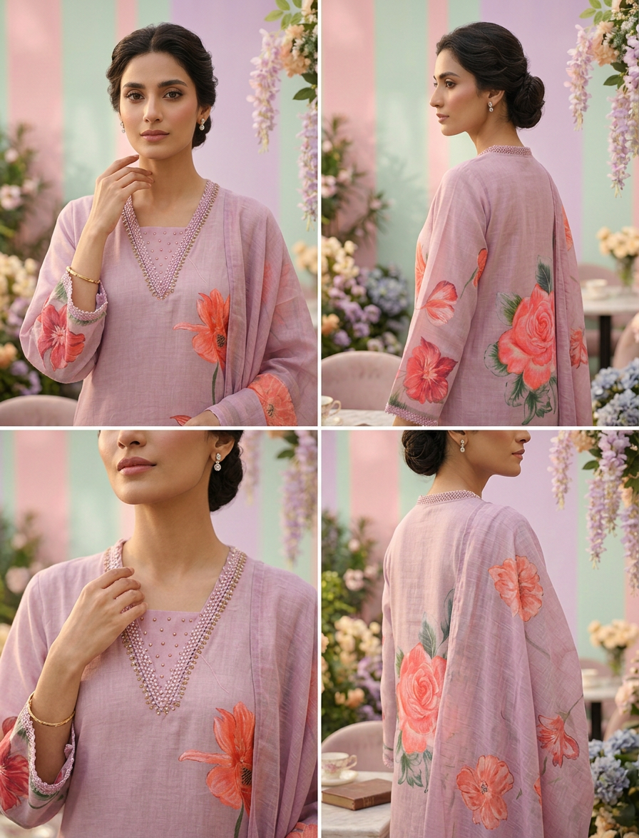 Neerus Purple Rayon Printed Suit Set - detail view 1