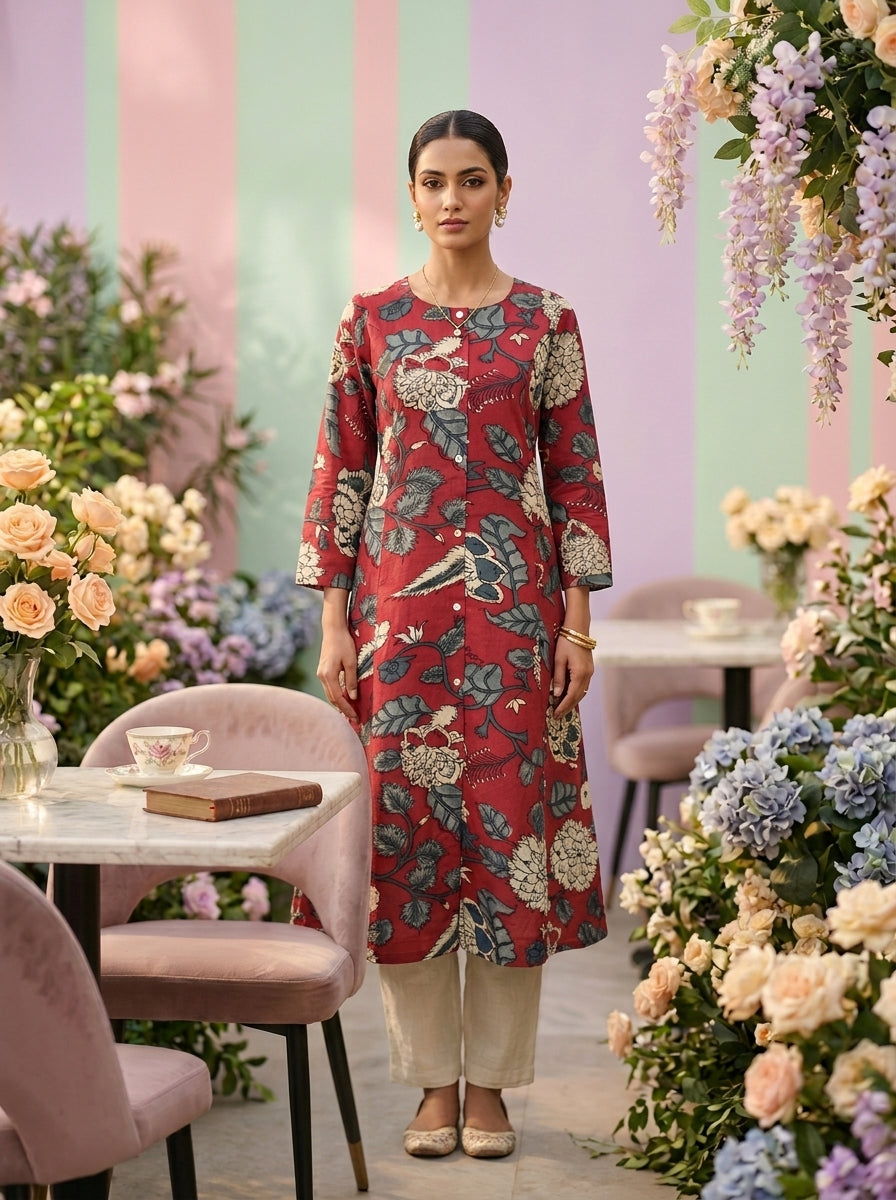 Neerus Maroon cotton printed co-ord set - front view