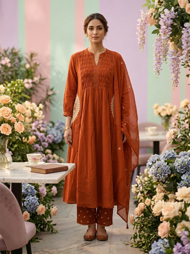 Neerus Orange cotton solid suit set - front view