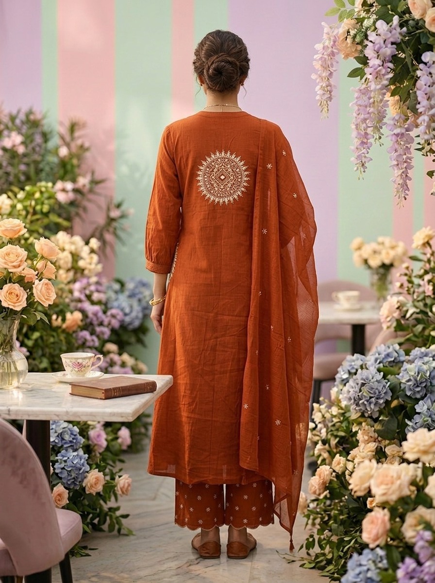 Neerus Orange cotton solid suit set - back view