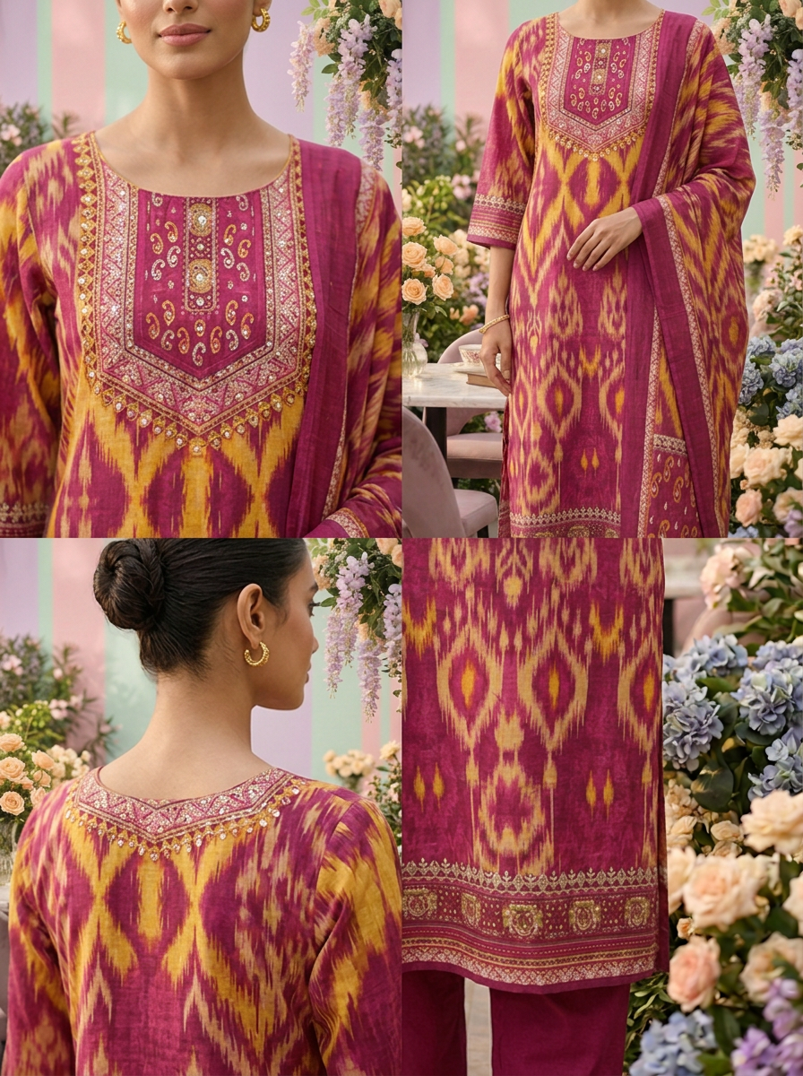 Neerus Pink cotton printed suit set - side view
