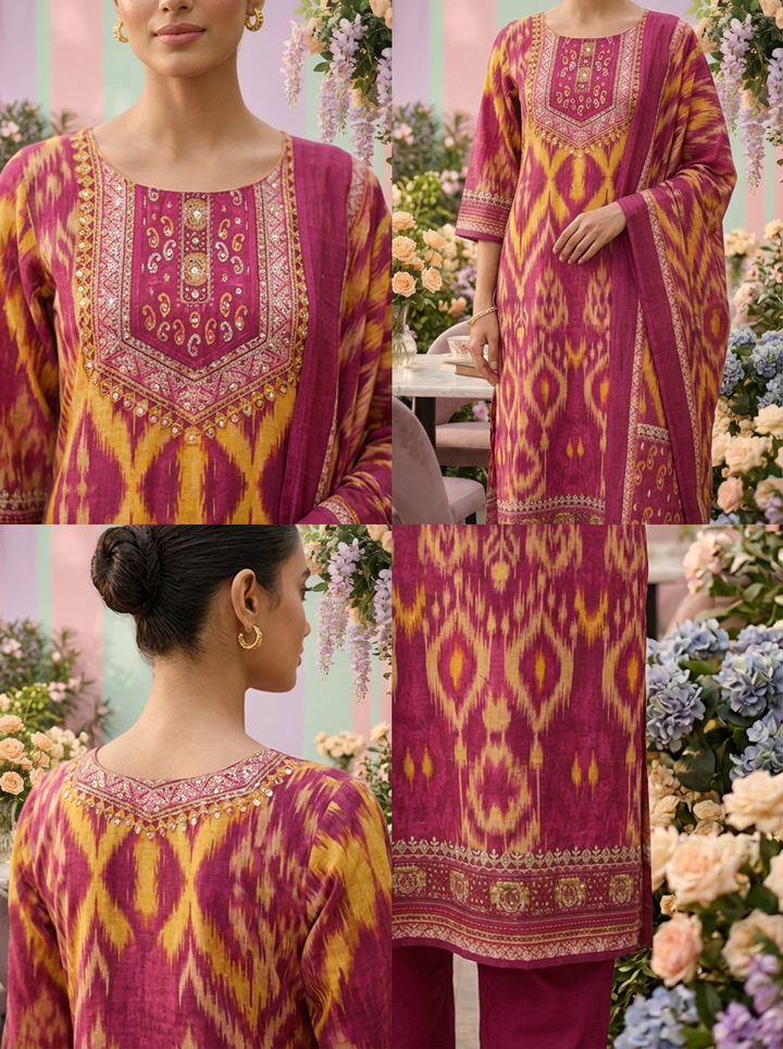 Neerus Pink cotton printed suit set - side view