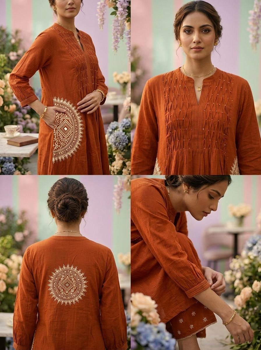 Neerus Orange cotton solid suit set - side view