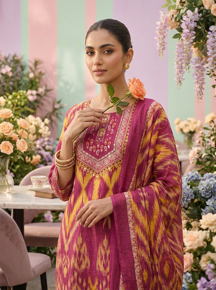Neerus Pink cotton printed suit set - detail view 2