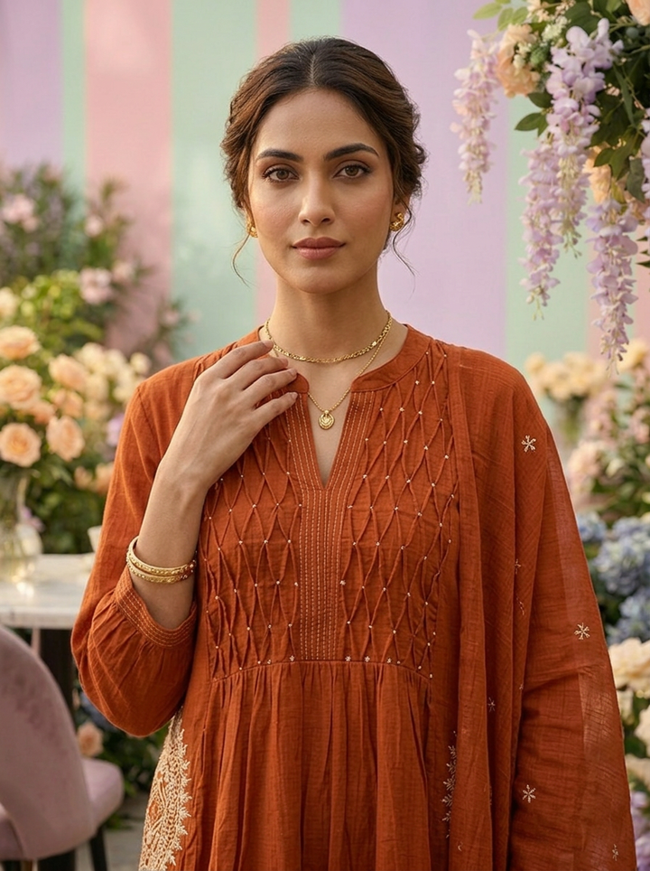 Neerus Orange cotton solid suit set - detail view 2