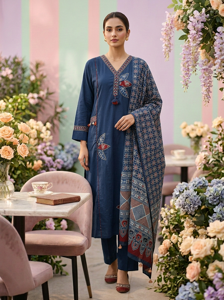 Neerus Blue Cotton Embroidered Suit Set - front view