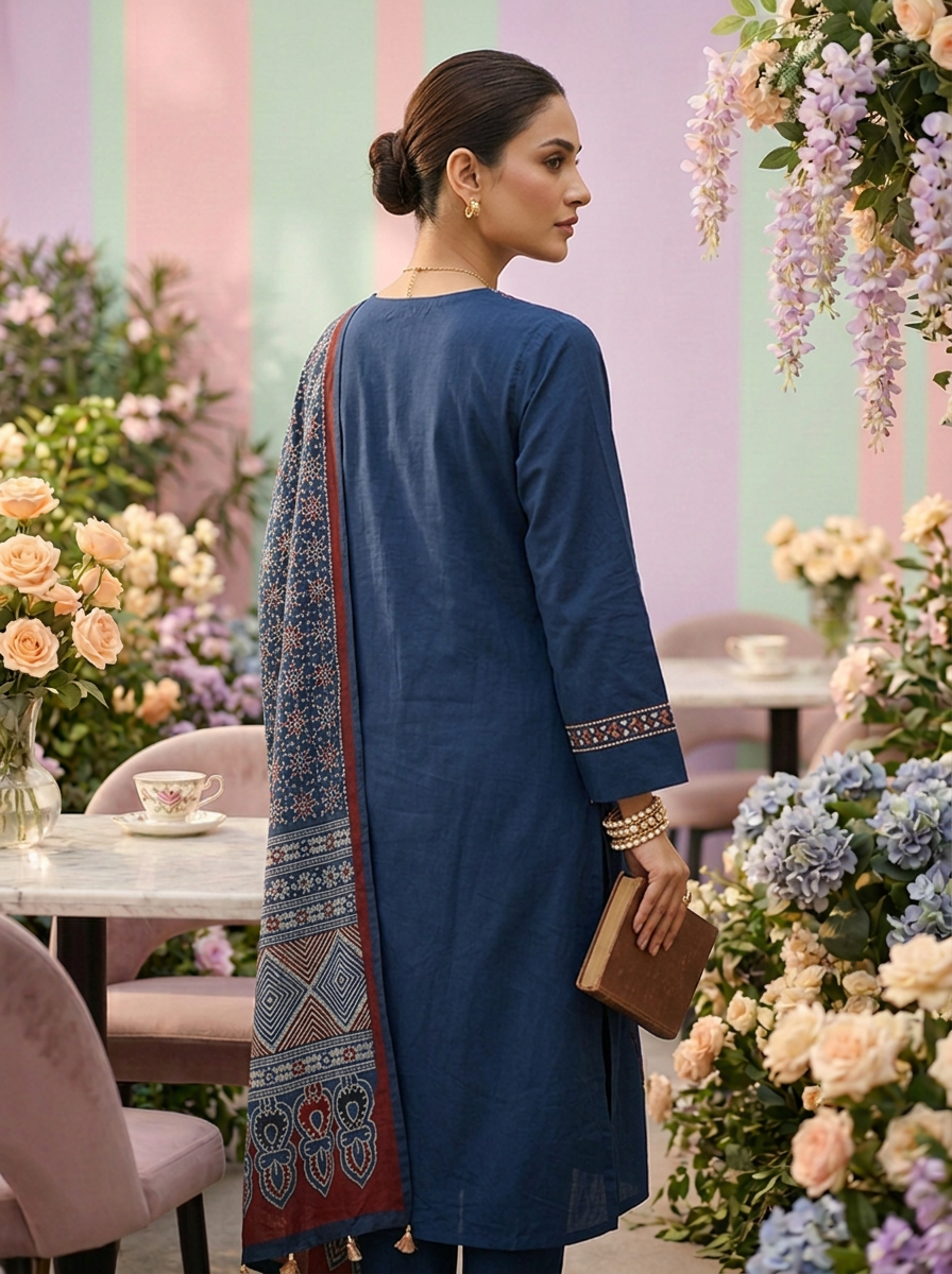 Neerus Blue Cotton Embroidered Suit Set - side view