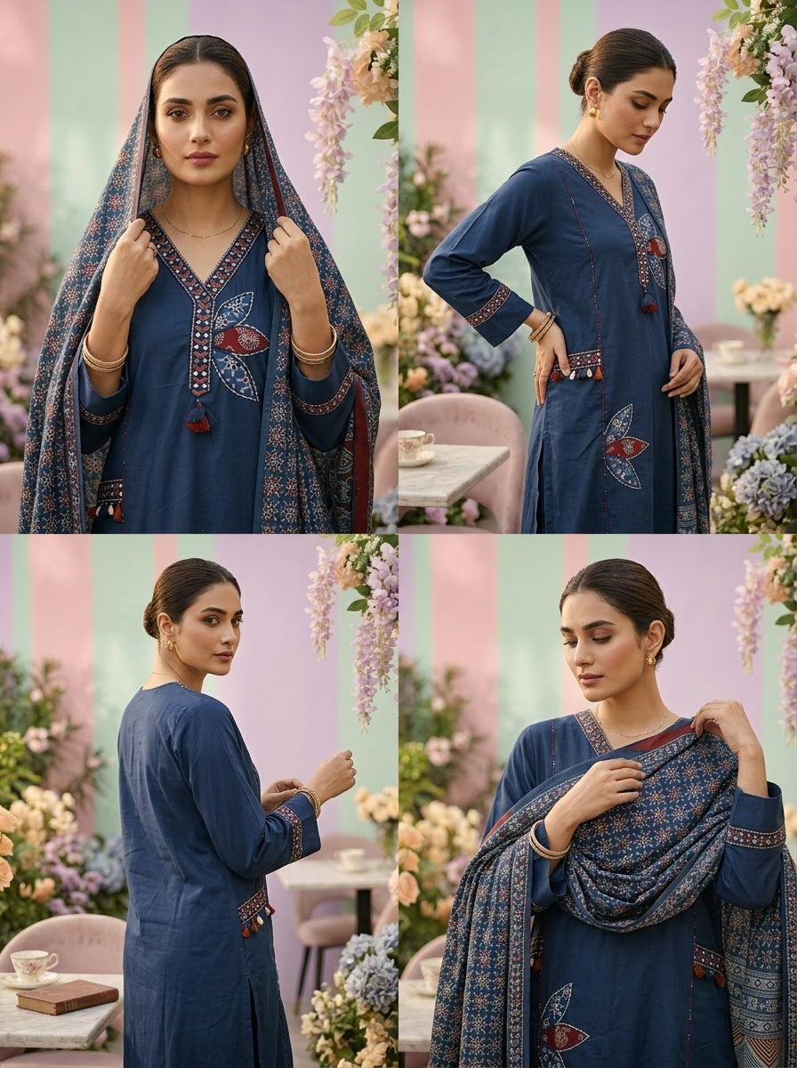 Neerus Blue Cotton Embroidered Suit Set - detail view 2