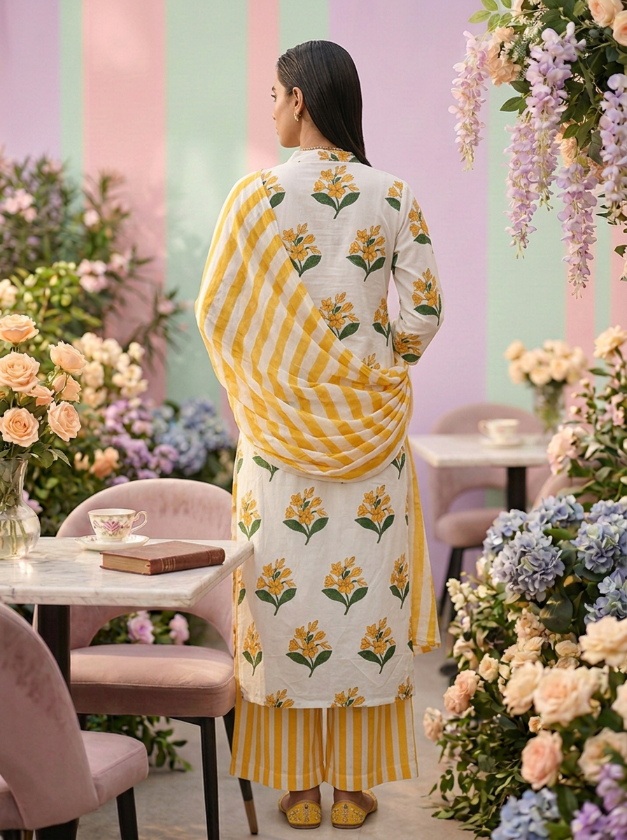 Neerus Yellow cotton printed suit set - back view