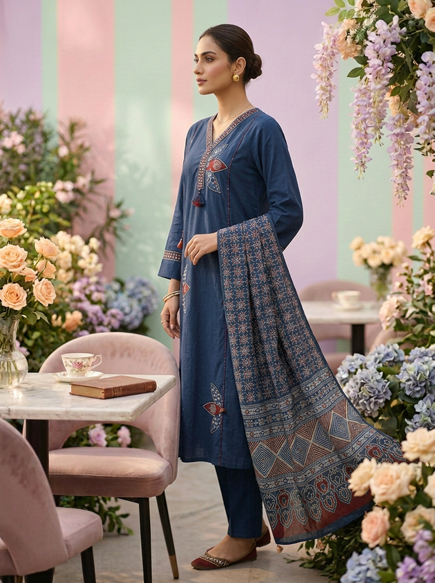 Neerus Blue Cotton Embroidered Suit Set - back view