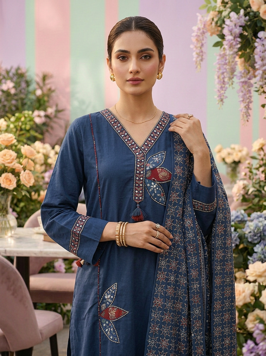Neerus Blue Cotton Embroidered Suit Set - detail view 1