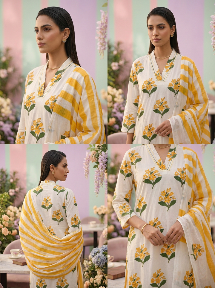 Neerus Yellow cotton printed suit set - side view