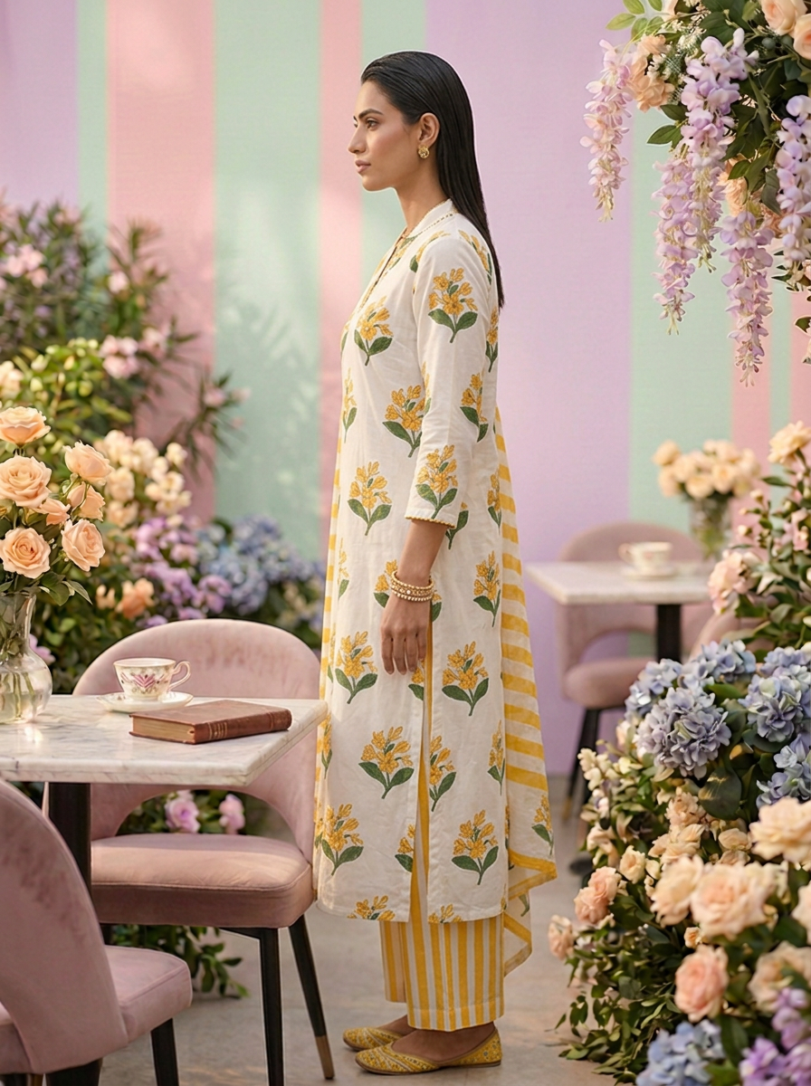 Neerus Yellow cotton printed suit set - detail view 1
