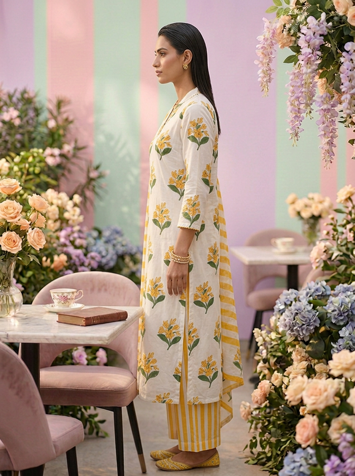 Neerus Yellow cotton printed suit set - detail view 1